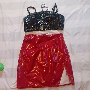 Stylish Red Vinyl Skirt And Top